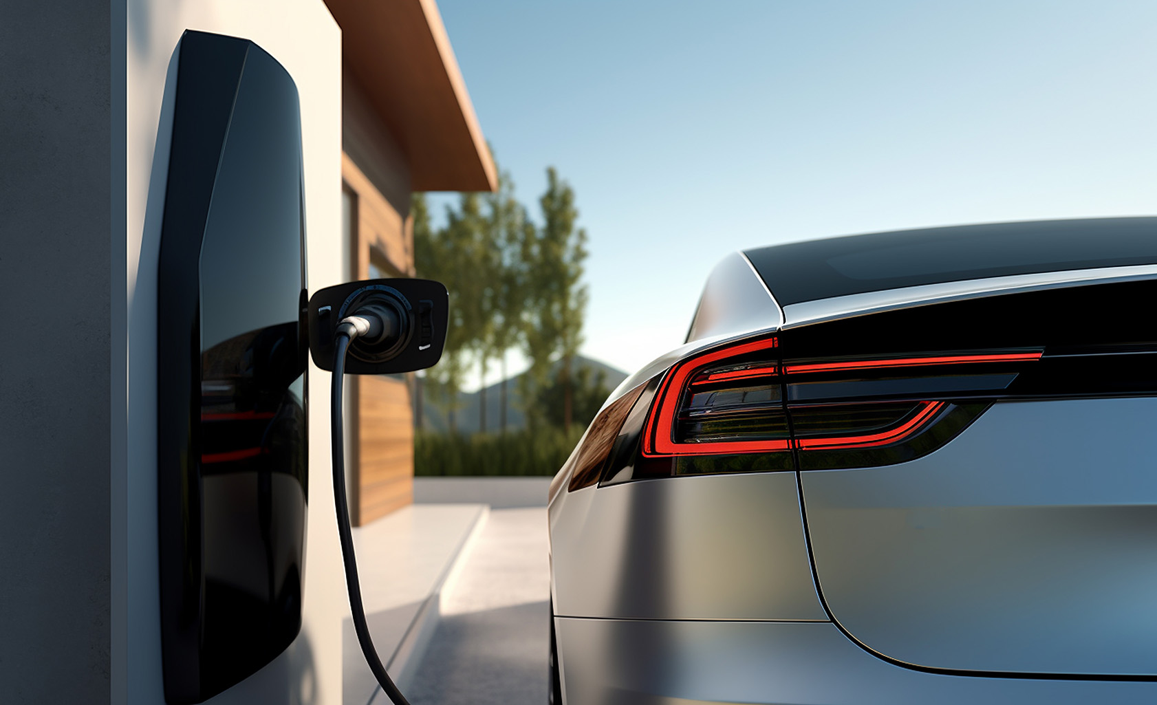 Electric vehicle connected to a sleek wall-mounted charger beside a modern home.