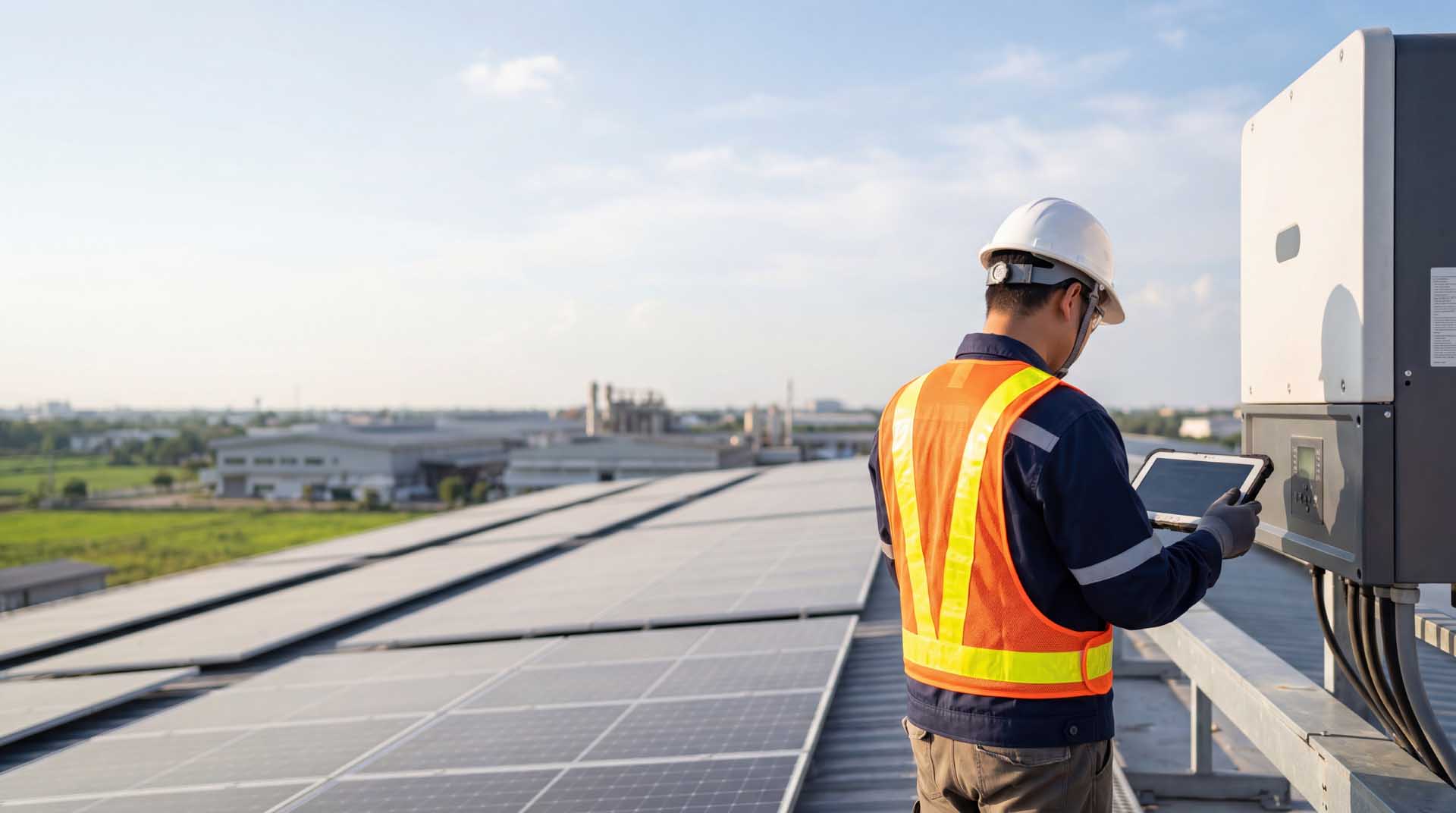Technician reviewing solar system monitoring equipment on a rooftop using a tablet.
